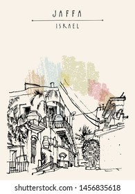 Jaffa (Yafo), Tel Aviv, Israel. Grungy black ink brush outline drawing of houses and trees. Travel sketch. Hand drawn vintage touristic postcard, poster template. Artistic vector illustration