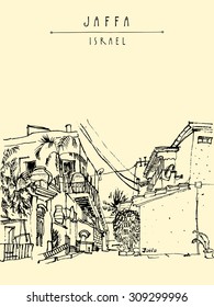 Jaffa (Yafo), Tel Aviv, Israel. Vector illustration. Grungy black ink brush drawing with houses and trees. Touristic postcard, poster or coloring book page with "Jaffa Israel" hand lettered title
