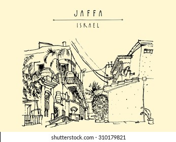 Jaffa (Yafo), Tel Aviv, Israel. Vector illustration. Grungy black ink brush drawing with houses and trees. Touristic postcard, poster or coloring book page with "Jaffa Israel" hand lettered title