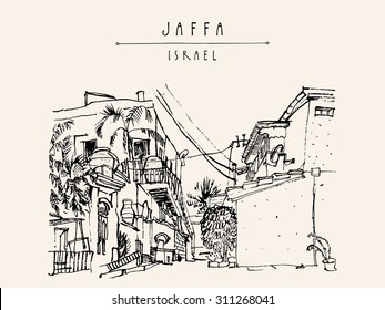 Jaffa (Yafo), Tel Aviv, Israel. Vector illustration. Grungy black ink brush drawing with houses and trees. Touristic postcard, poster or coloring book page with "Jaffa Israel" hand lettered title