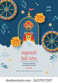 Jagannath Puri Rath Yatra. Festive paper cut style banner with Lord Jagannath, traditional festive chariot, flowers and wheels