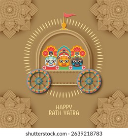 Jagannath Puri Rath Yatra. Festive paper cut style banner with Lord Jagannath, Balabhadra, Subhdra