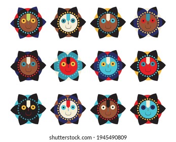 Juego de dibujo vectorial Jagannath. Colección de iconos hindúes. Dibujos multicolores de deidades védicas.