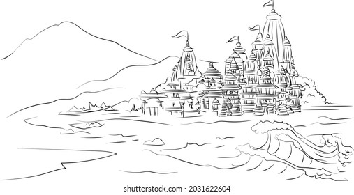 Jagannathan temple in line art with idols