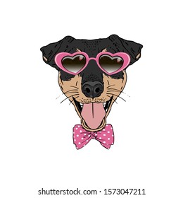 Jagdterrier breed dog wear pink heart shaped sunglasses, tie bow isolated on white background Symmetrical pet head. Realistic hand drawn vector illustration.