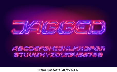 Jagged alphabet font. Distorted neon letters and numbers. Stock vector typescript for your design.