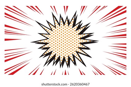 Jagged bomb speech bubble frame with red concentrated lines and orange dots
