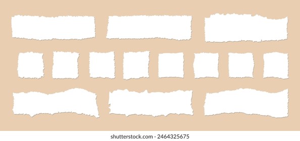 Jagged edge rectangle shapes, frames. Torn paper cut piece collection, isolated grunge border. Ripped strips set vector background illustration.