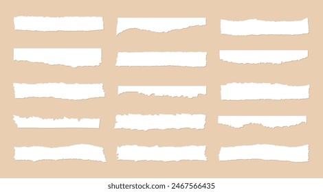 Jagged edge rectangle shapes, frames. Torn paper cut piece collection, isolated grunge border. Ripped strips set vector background illustration.