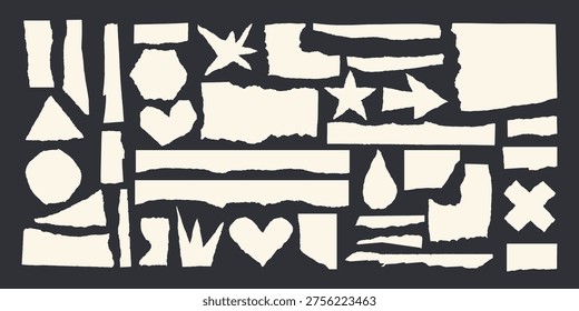 Jagged edge torn paper piece collage grunge cut out shapes vector illustration set. Collection of abstract frame-shaped text box templates made from ripped paper.