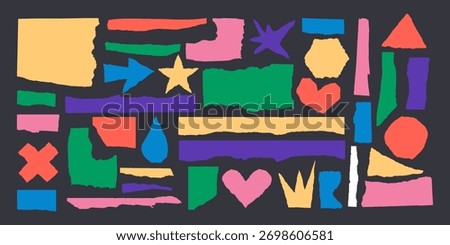 Jagged edge torn paper piece collage grunge cut out shapes vector illustration. Ripped paper abstract frame shape text box template collection.