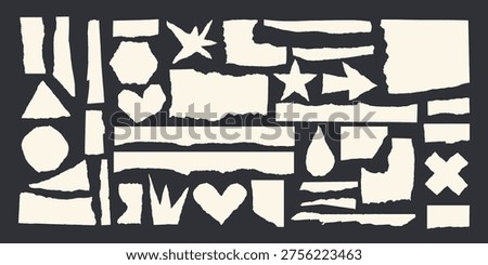 Jagged edge torn paper piece collage grunge cut out shapes vector illustration set. Collection of abstract frame-shaped text box templates made from ripped paper.