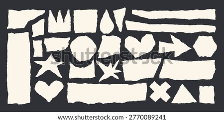 Jagged edge torn paper piece collage grunge cut out shapes vector illustration set. Collection of abstract frame-shaped text box templates made from ripped paper.