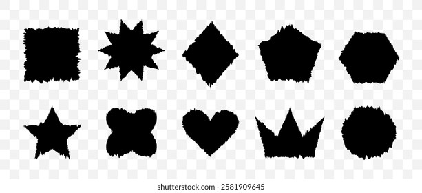 Jagged Geometric Forms. Black grunge frames. Square, heart, crown shaped with torn paper effect. Ripped shapes silhouettes isolated on transparent background. Vector illustration.