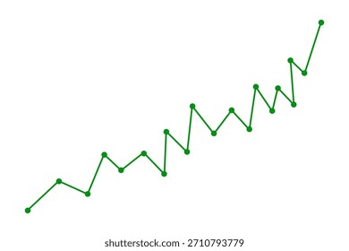 Un gráfico de líneas verdes irregulares muestra puntos de datos de tendencia positiva al alza que representan el crecimiento y las fluctuaciones generales. Ideal para presentaciones e informes de finanzas de negocios o análisis de datos.