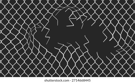 Buraco irregular rasgado através de uma malha de arame ou cerca de corrente de link, definido contra um fundo preto. Os fios de metal rasgados ao redor da borda da brecha sugerem uma força poderosa, falha de segurança e danos.