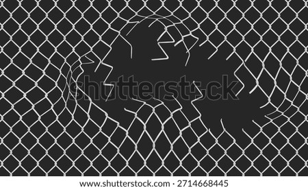 Jagged hole ripped through a wire mesh or chain-link fence, set against a black background. The torn metal wires around the edge of the breach suggest a powerful force, security failure and damage.