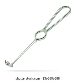 Jagged hooks Folkmann. Semi-sharp four-tooth hook is designed to widen the edges of the wound. Manual surgical metal tool of reusable use.Realistic medical object on white background. Vector