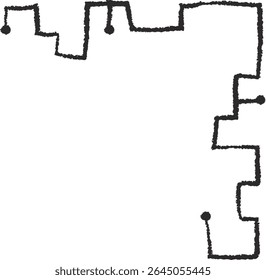 A jagged line with dots at corners in a hand-drawn style. The irregular path creates a dynamic and playful pattern. Cartoon vector illustration.
