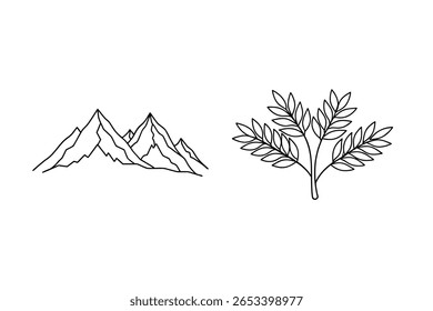 Jagged peaks and leafy branch mountain rock