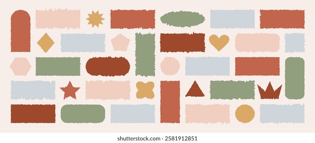 Jagged Rectangle collection. Tattered frame or text box with jagged edges. Bohemian Square, heart, crown shaped with torn paper effect. Vector illustration in grunge style.