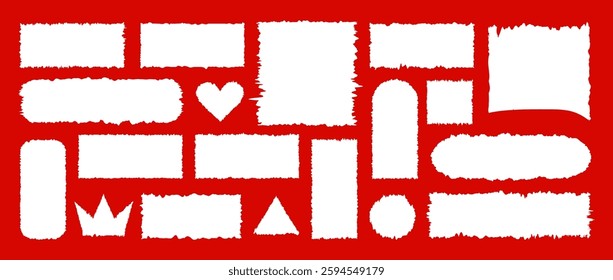 Jagged Rectangle collection. Tattered frame or text box with jagged edges. White Square, heart, crown shaped with torn paper effect. Vector illustration in grunge style.