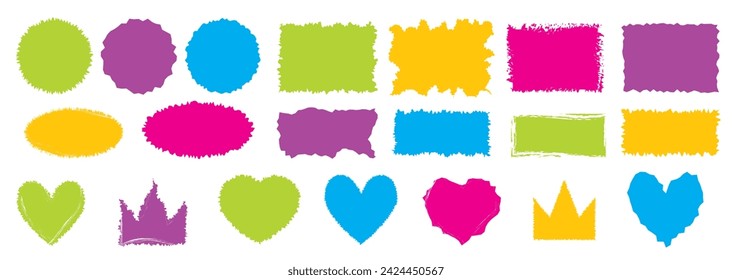 Rectángulo irregular, corona y corazón. Formas simples de color brillante. Plantilla de papel rectangular dentada y áspera