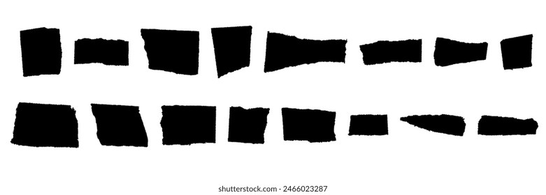 Jagged rectangle frames. Torn Paper Pieces Frames set. Black grunge rectangle. Vector Collage Shape of Black Ripped Papers Silhouettes Sheet for Sticker, Collage, Banner isolated on white background.