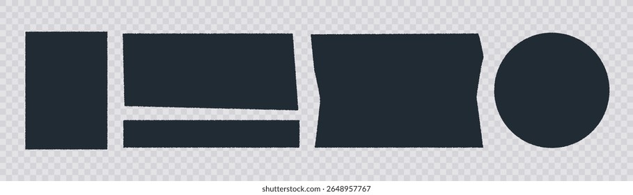 Jagged rectangle set with ripped edges isolated on transparent background.. Black paper different form for note, label, strip, text banner. Torn paper borders in old grunge style, vector illustration.