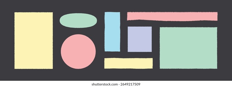 Jagged rectangle set with ripped edges isolated on dark. Colored paper rec, circle, strip for note, label, text banner. Torn paper yellow, red, blue in old grunge style, vector illustration.