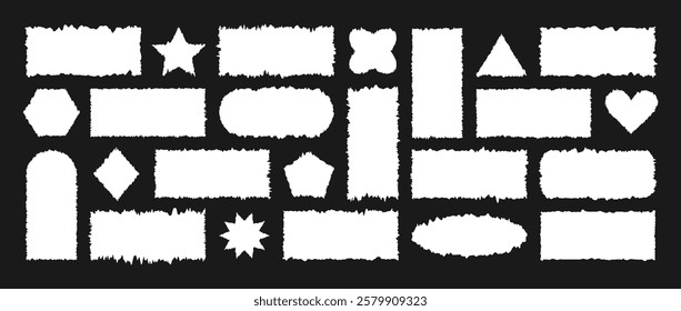 Jagged Rectangle set. Torn paper sheet for stickers or collages. Set of white oblong shaped elements with a Zigzag Wavy edge. Vector illustration isolated on black background.