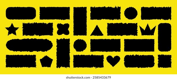Jagged Rectangle set. Torn paper sheet for stickers or collages. Set of oblong shaped elements with a Zigzag Wavy edge. Vector illustration isolated on yellow background.