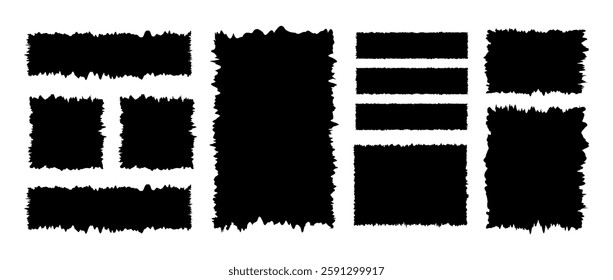 Jagged Rectangle shapes. Set of black grunge geometric frames. Ripped and cutout paper torn strip. Vector illustration isolated on white background.