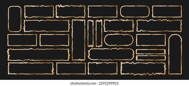 Jagged Rectangle shapes. Set of outline golden grunge geometric frames. Ripped and cutout paper torn strip. Vector illustration isolated on black background.