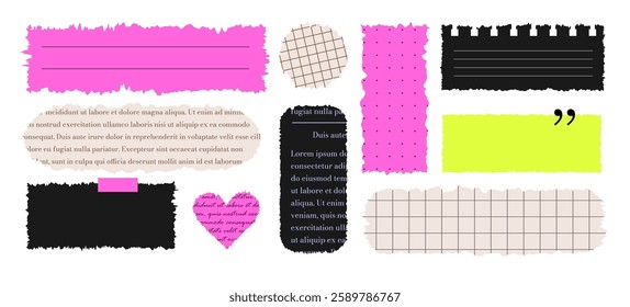 Jagged Rectangle shapes. Set of ripped paper different forms isolated on black background. Text box with waves edges. Newspaper clippings, checkered notebook sheets. Grunge Vector illustration.