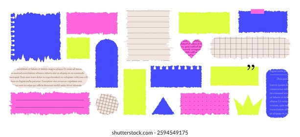 Jagged Rectangle shapes. Set of ripped paper different forms isolated on white background. Text box with waves edges. Newspaper clippings, checkered notebook sheets. Grunge Vector illustration.