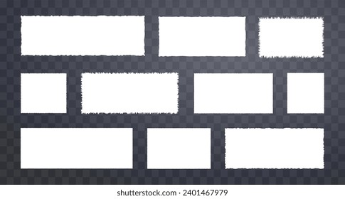 Jagged rectangles, ripped paper set. Torn shapes frames with jagged edges, textured grunge elements.
White silhouettes, vector illustration isolated on transparent background.