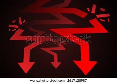 Jagged red arrows break mid-path and plunge, representing chain reaction of crisis and collapse. Vector illustration. Concept of market instability, inflation shock, panic, economic domino effect