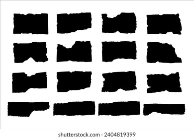 Jagged, ripped rectangles. Set of vector icons. Isolated black silhouettes of torn paper pieces