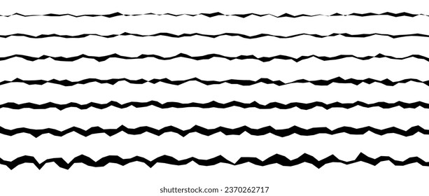 Jagged rough lines set. Black scribble stroke border collection. Grunge wavy zig zag stripes bundle. Edgy scribble design elements pack for poster, banner, booklet, brochure, decoration. Vector