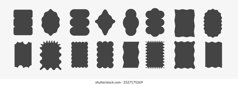 Jagged scallop rectangle and oval forms. Curved box, wiggle stickers with zig zag edge. Vector illustration