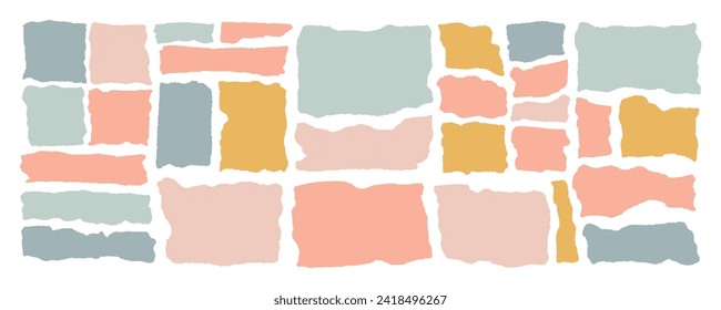 Jagged shapes, ripped paper set. Torn rectangle frames with jagged edges, and textured grunge elements. Silhouettes and vector illustration is isolated in the background. Pastel beige and blue colors