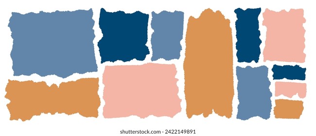 Jagged shapes, ripped paper set. Torn rectangle frames with jagged edges, and textured grunge elements. Silhouettes and vector illustration is isolated in the background. Pastel beige and blue colors