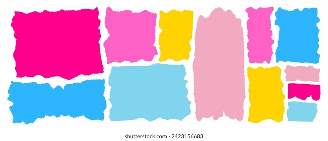 Jagged shapes, ripped paper set. Torn rectangle frames with jagged edges, and textured grunge elements. Silhouettes and vector illustration is isolated in the background. Bright colors