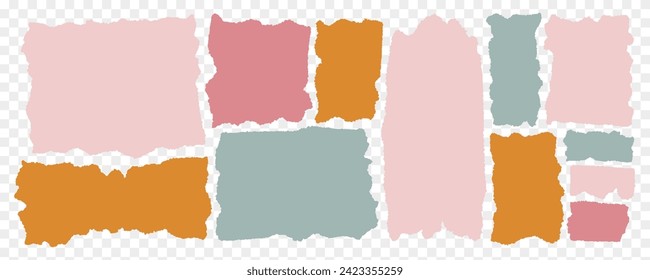 Jagged shapes, ripped paper set. Torn rectangle frames with jagged edges, and textured grunge elements. Silhouettes and vector illustration is isolated in the background. Pastel beige and blue colors