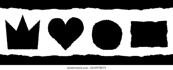 Jagged shapes. Square, heart, crown shaped with torn paper effect. Set of ripped paper different forms isolated on white background. Black vector objects with rough edges. Ripped paper silhouettes.