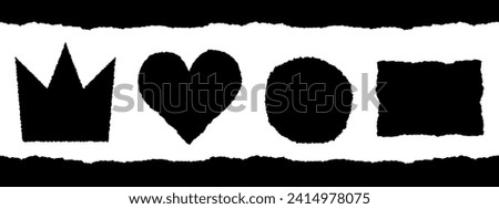 Jagged shapes. Square, heart, crown shaped with torn paper effect. Set of ripped paper different forms isolated on white background. Black vector objects with rough edges. Ripped paper silhouettes. Stock foto © 