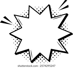 Jagged star shaped black and white empty speech bubble is exploding with halftone effect, ideal for adding text in comics or graphic novels