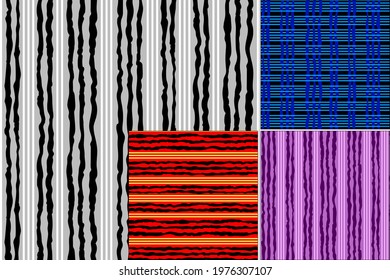 Jagged and straight lines contrast with each other. One pattern - four options: 1. black and white vertical ines; 2. vertical are lilac; 3. reddish horizontal lines; 4. the interlacing of blue lines