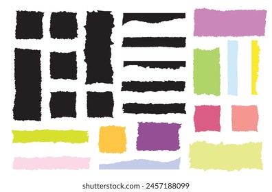 Jagged torn paper set. Black shape ripper and strip. Texture grunge element collection. Vector illustration.